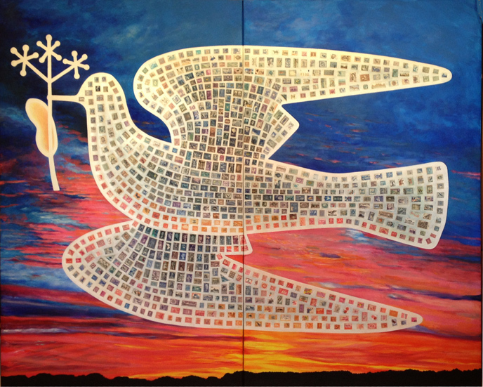 Bohemian Dove 1939 over Orø, dyptich 200 x 160 cm – acrylics and collage on canvas 2015